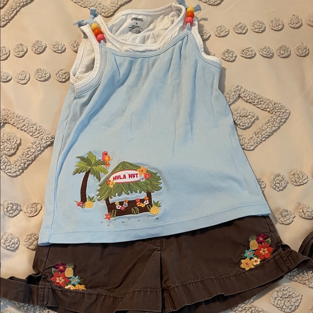 Gymboree Light Blue Tank Top with Tropical Hut and Brown Shorts Set
